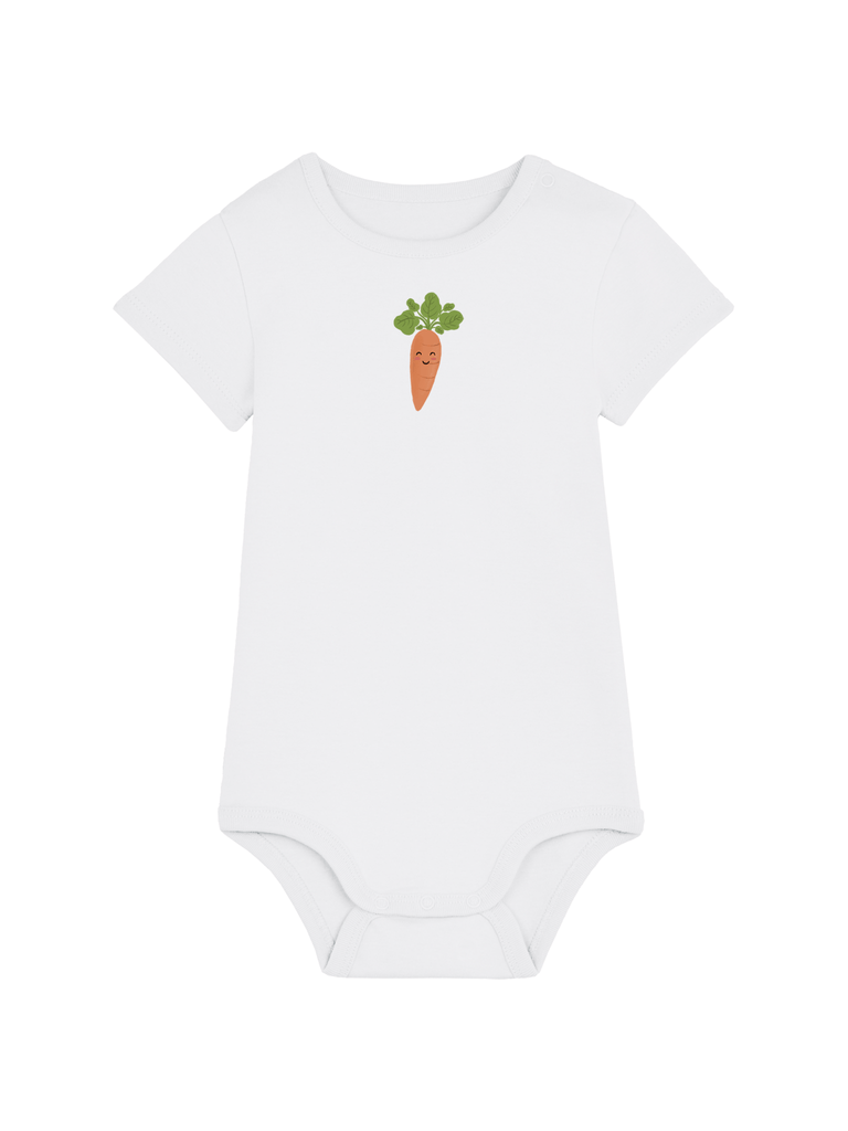 Personalized baby bodysuit with a smiling carrot design for an adorable and fun gift.