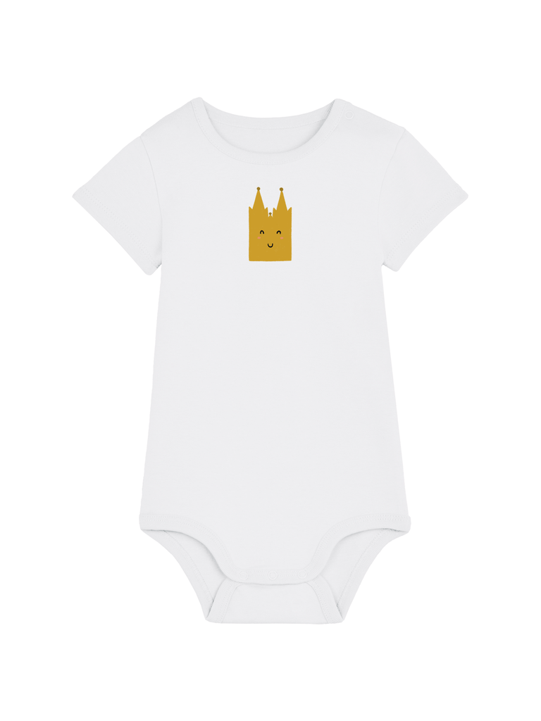 Weißer Baby-Body mit fröhlichem Dom-Motiv für Kölner Neubürger, personalisierbar für Geschenke.