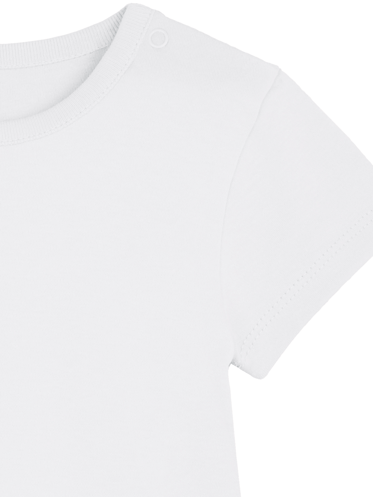 Weißer, personalisierbarer Baby-Body (0–2 J.) mit kurzer Arm. Ideal für das fröhliche 'Banane'-Motiv.