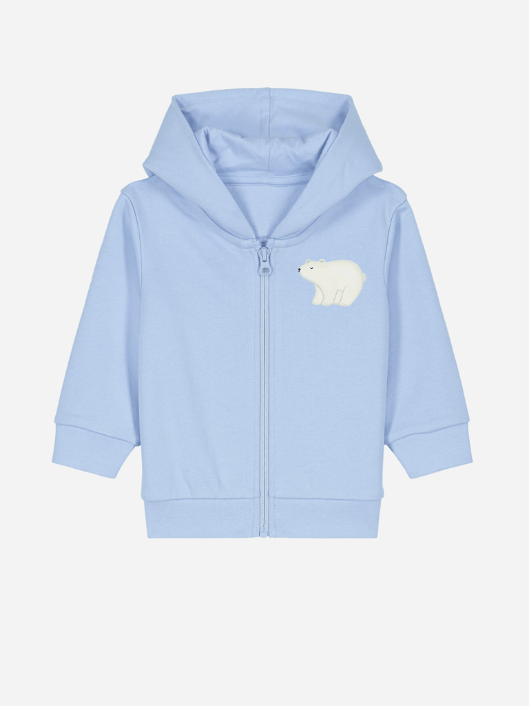 Personalisierbare Bio-Sweatjacke für Babys in Hellblau mit Eisbär-Stickerei, ideal als kreatives Weihnachtsgeschenk.