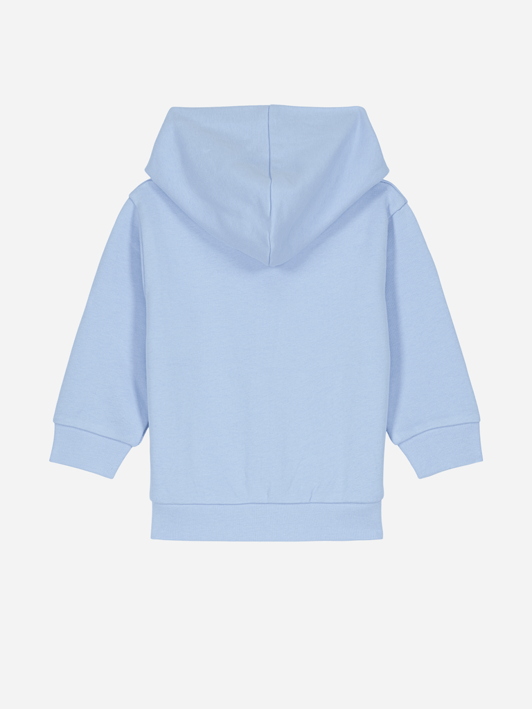 Rückansicht einer hellblauen, personalisierbaren Bio-Sweatjacke für Kinder (0–3 J.) mit Kapuze.