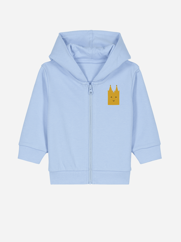 Personalisierbare Bio-Sweatjacke für Kinder in Blau mit Kölner Dom Motiv, ideale Geschenkidee für kleine Kölner.