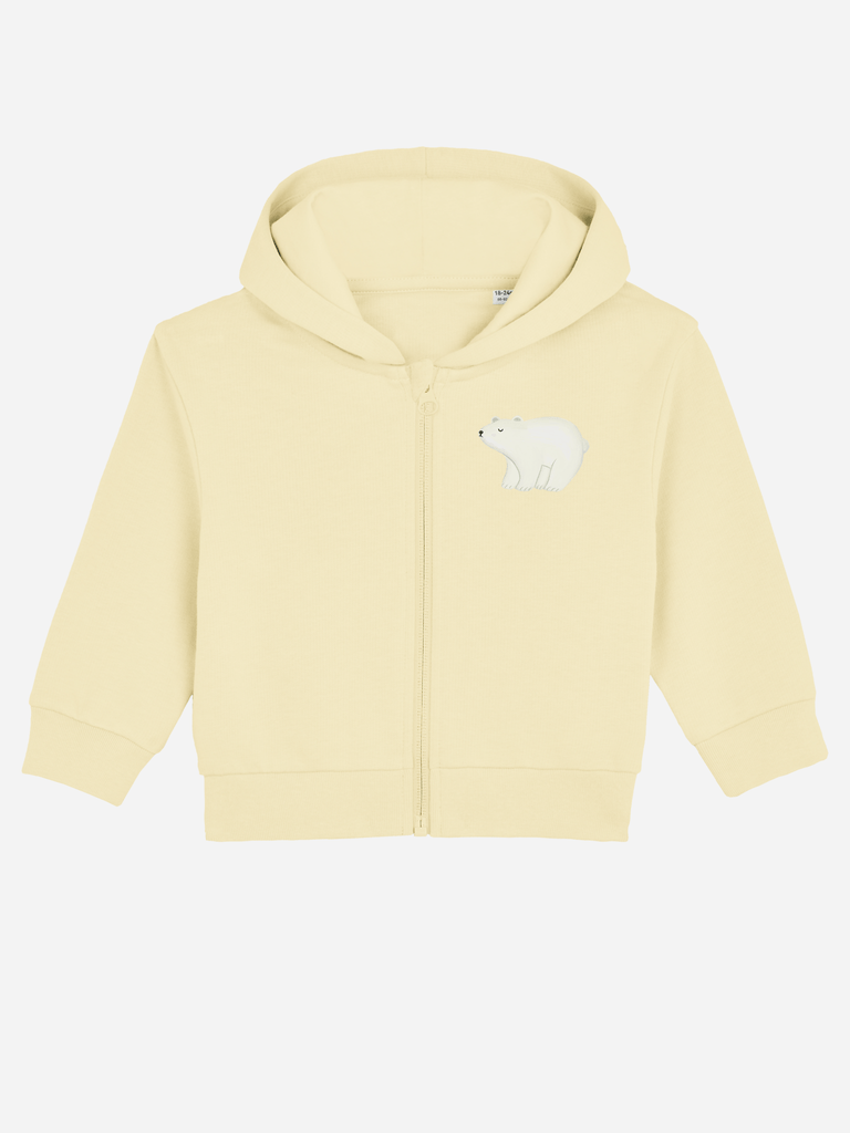 Personalisierbare Bio-Sweatjacke für Kleinkinder mit Eisbär-Motiv in gelb, ideal als kreatives Babygeschenk zu Weihnachten.