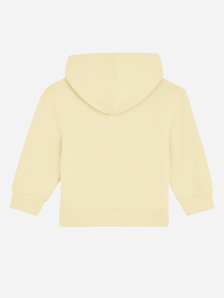 Rückenansicht einer personalisierbaren Bio-Sweatjacke für Neugeborene in hellem Gelb.