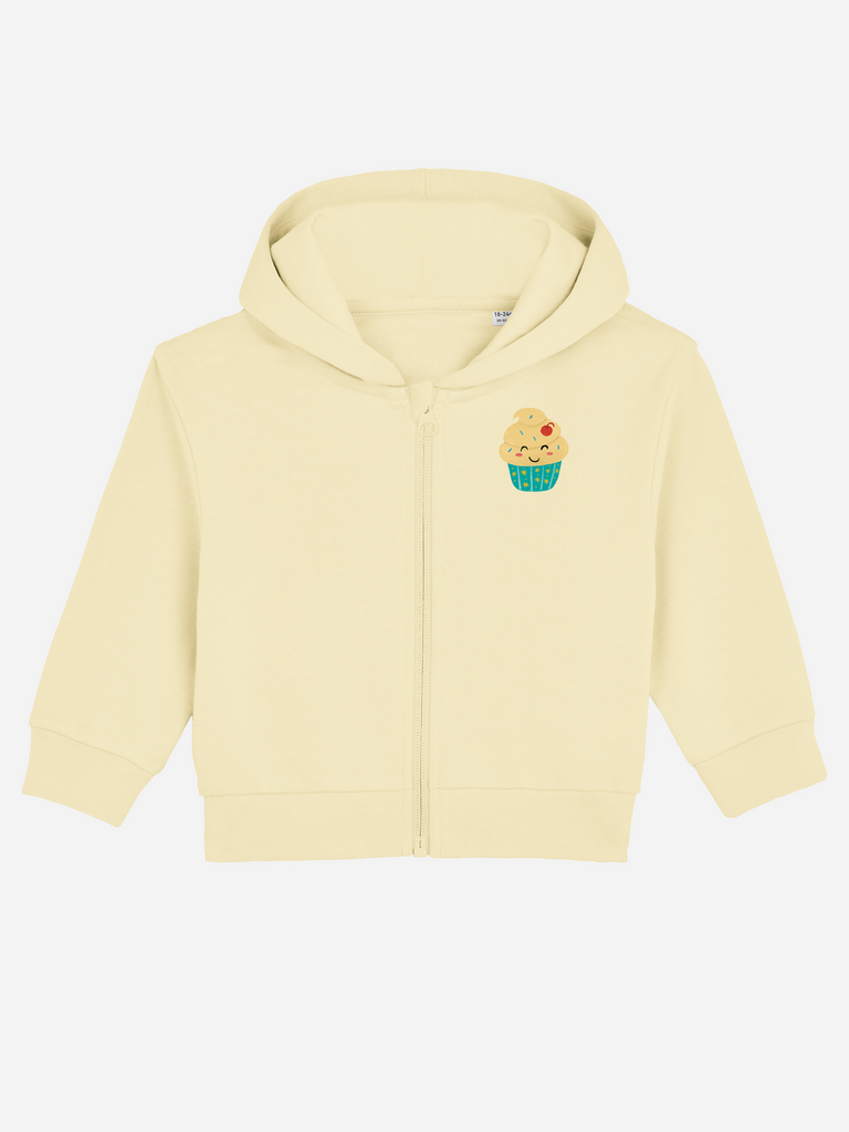 Personalisierbare Bio-Sweatjacke in Gelb mit Cupcake-Motiv für Kinder von 0–3 Jahren.