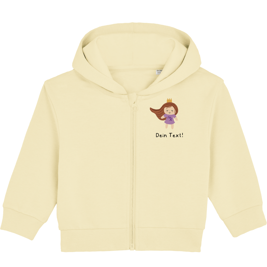 Personalisierbare Bio-Sweatjacke Motiv 'Sternzeichen Jungfrau' – Geschenk zur Geburt, Taufe oder zum 1. Geburtstag 