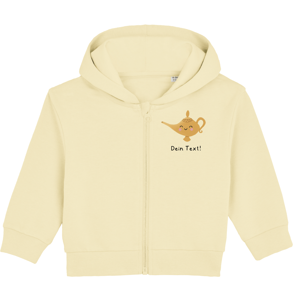 Personalisierbare Bio-Sweatjacke Motiv 'Öllampe' – Geschenk zur Geburt, Taufe oder zum 1. Geburtstag 