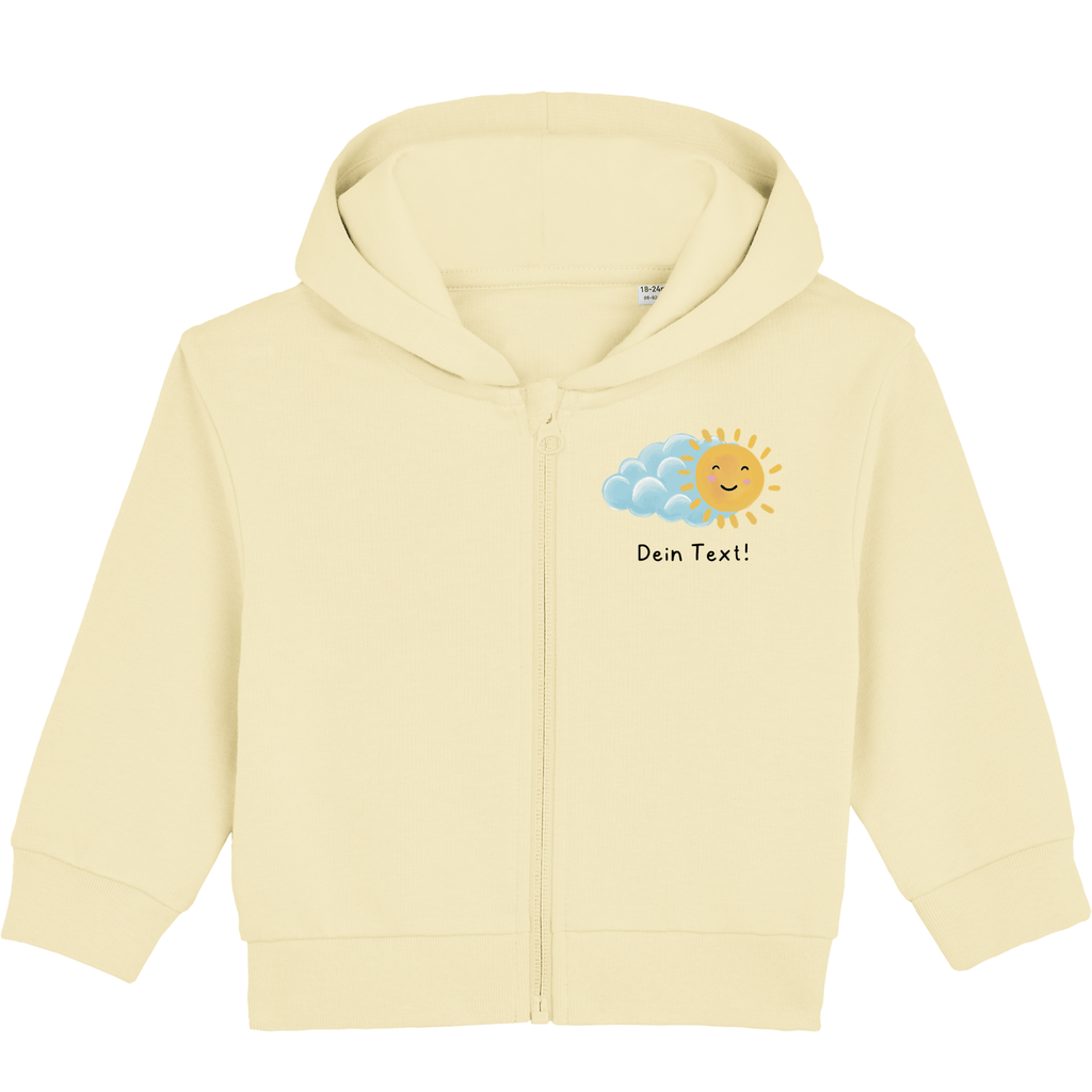 Personalisierbare Bio-Sweatjacke Motiv 'Sonne' – Geschenk zur Geburt, Taufe oder zum 1. Geburtstag 