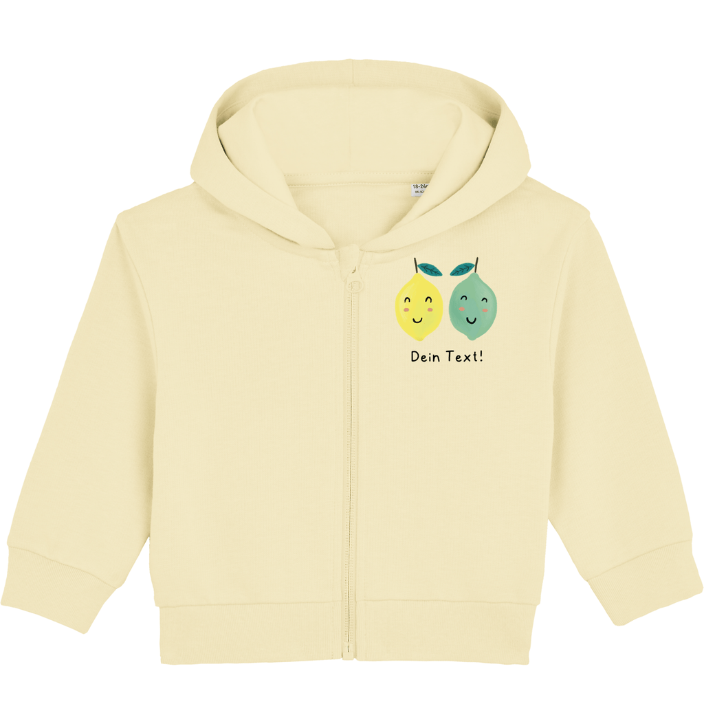 Personalisierbare Bio-Sweatjacke Motiv 'Zitrone/Limette' – Geschenk zur Geburt, Taufe oder zum 1. Geburtstag 