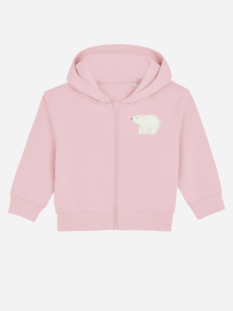 Personalisierbare rosa Bio-Sweatjacke für Kleinkinder mit Eisbär-Motiv, ideal als Weihnachtsgeschenk.