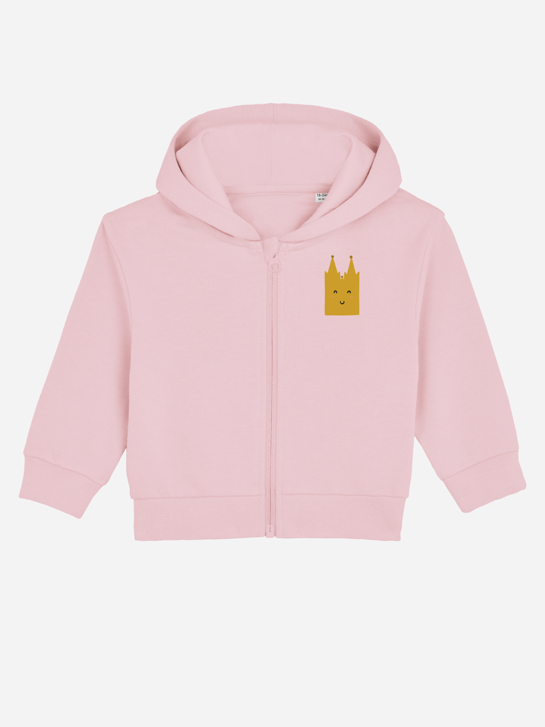 Personalisierbare rosa Bio-Sweatjacke für Kinder mit Kölner Dom Motiv, ideal für kleine Kölner.