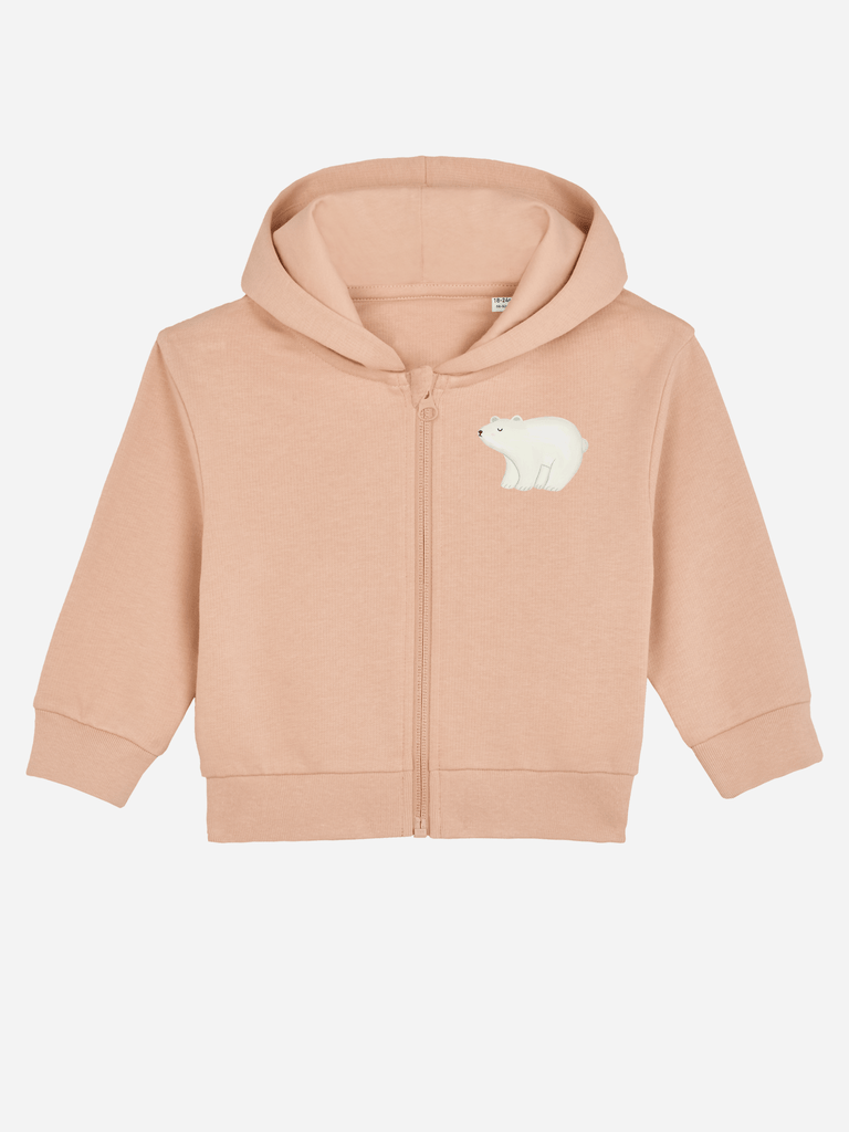 Personalisierbare Bio-Sweatjacke für Babys mit Eisbär-Motiv in zartem Rosa, ideal als kreatives Weihnachtsgeschenk.