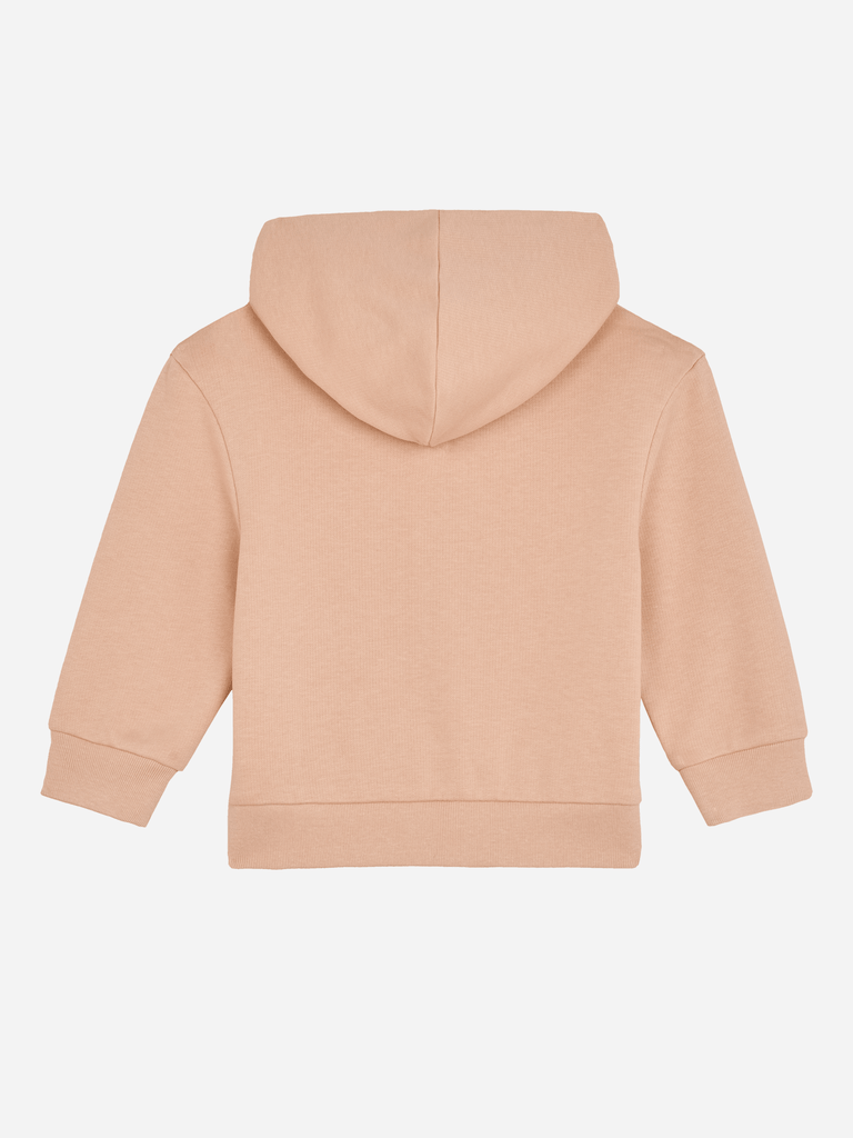 Rückansicht einer personalisierbaren Bio-Sweatjacke für Babys in sanftem Beige.