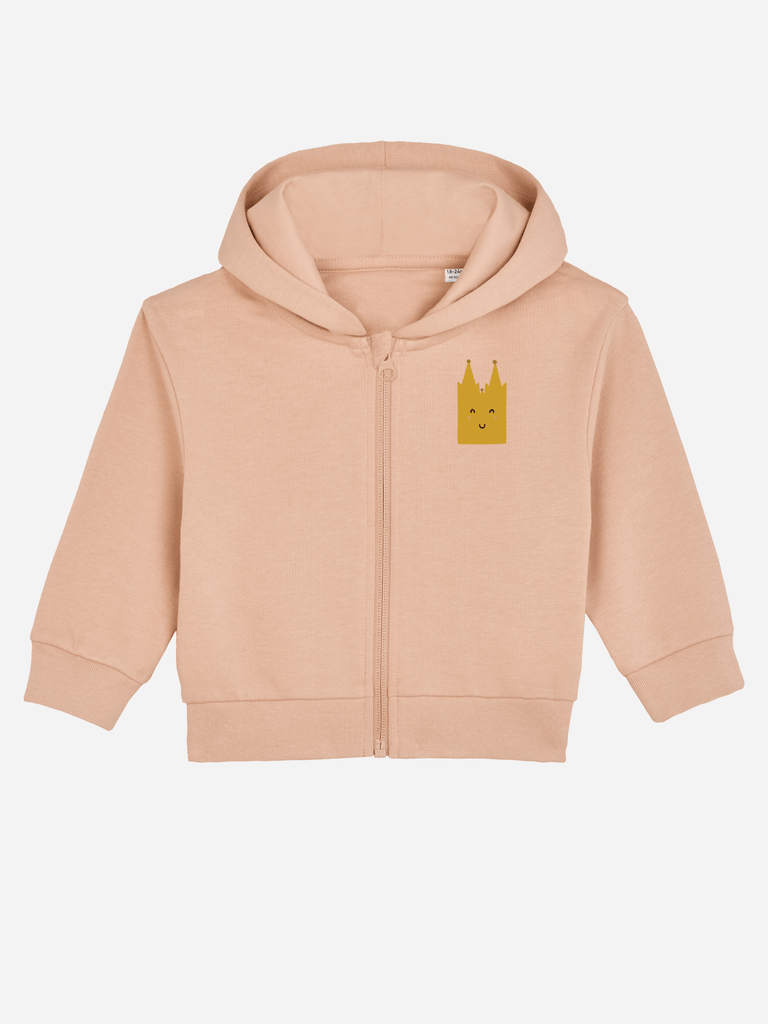 Personalisierbare Bio-Sweatjacke für Kinder in Rosa mit Kölner Dom Design, perfekt für kleine Kölner.