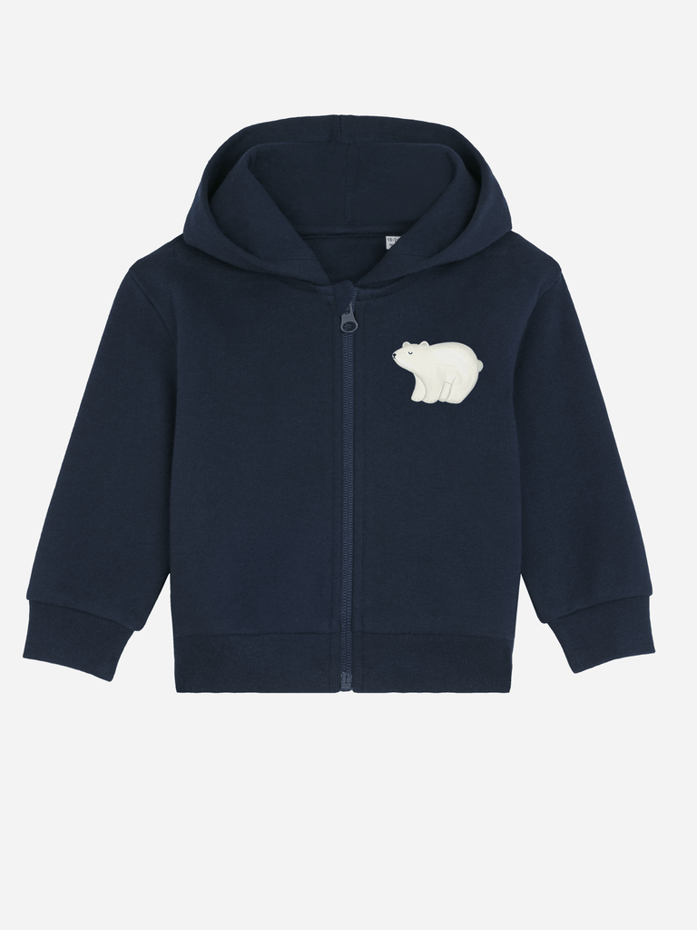Personalisierbare Bio-Sweatjacke für Kleinkinder in Dunkelblau mit Eisbären-Motiv.