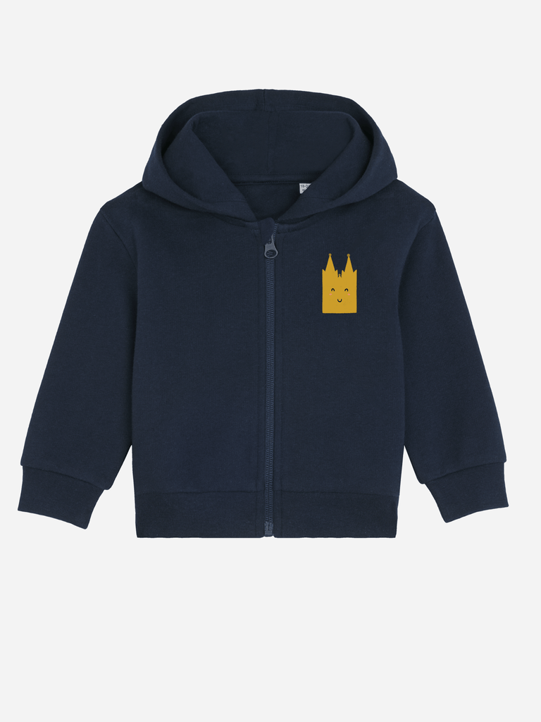 Personalisierbare Bio-Sweatjacke für Kinder mit Kölner Dom-Motiv und Kapuze in navyblau.