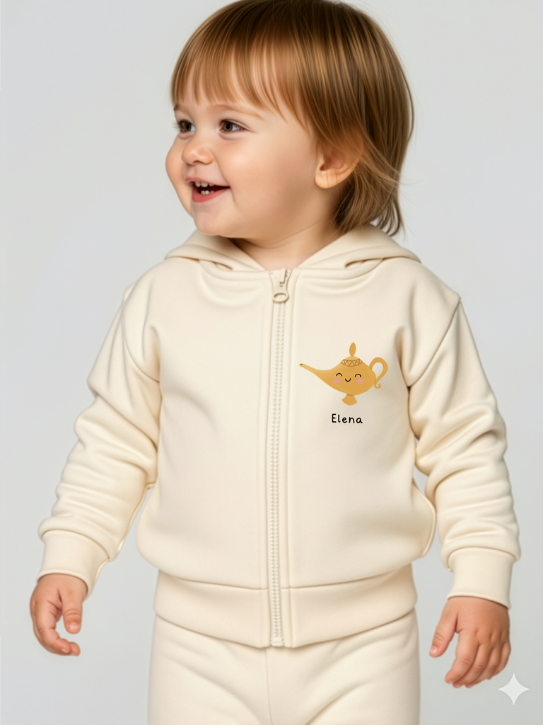 Außergewöhnliches Geschenk zur Taufe oder Geburt: Tragebild personalisierbare Bio-Sweatjacke in 6 Farben erhältlich bei Liebe & Geschenke.