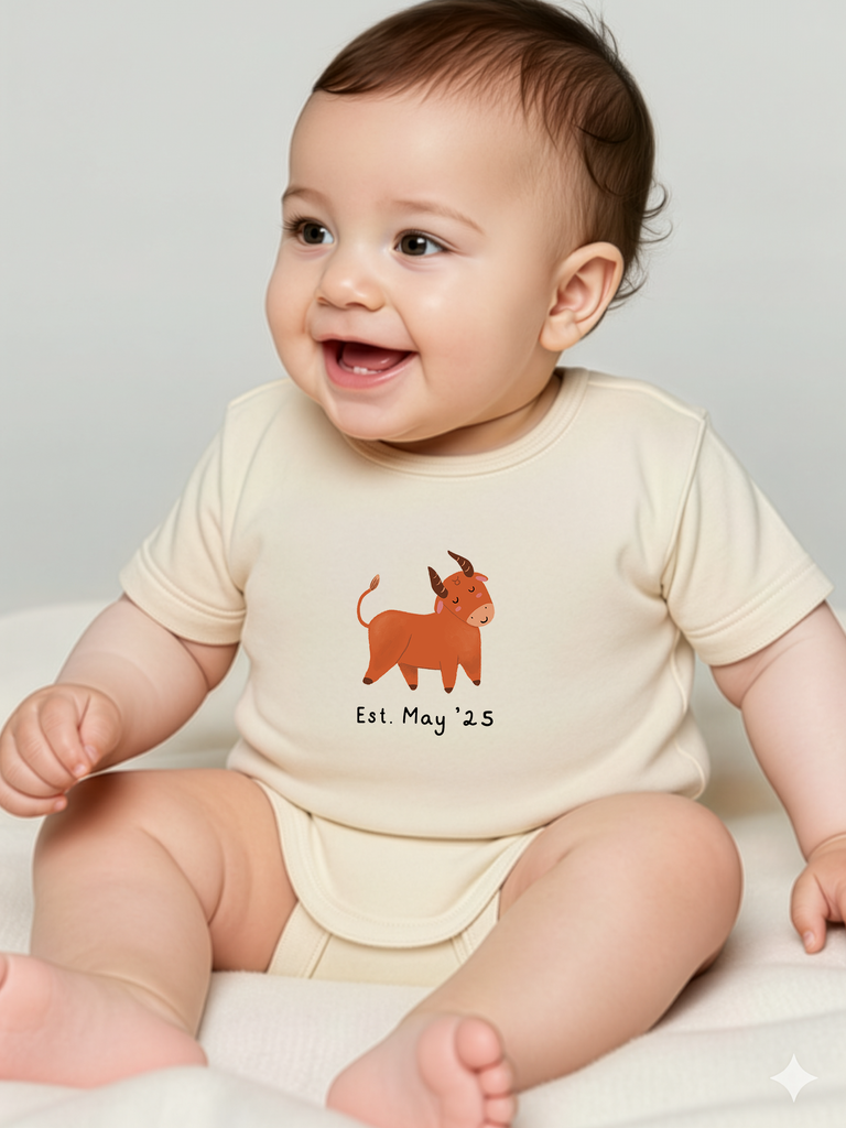 Personalisiertes Babygeschenk: Tragebild personalisierter Baby-Body mit Sternzeichen Zwillinge in 8 Farben erhältlich von liebeundgeschenke.de.