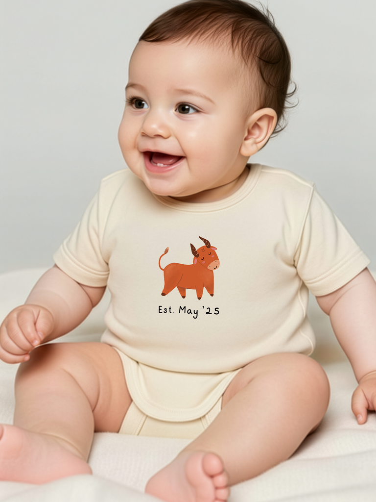 Außergewöhnliches Sternzeichengeschenk: Tragebild vom personalisierten Baby-Body mit Sternzeichen Stier in 8 Farben erhältlich auf liebeundgeschenke.de.