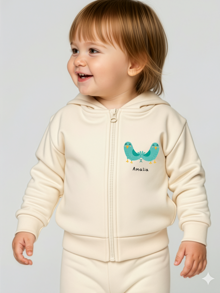 Baby-Geschenk zum 1. Geburtstag: Tragebild personalisierbare Bio-Sweatjacke mit Sternzeichen Zwillinge in 6 Farben erhältlich auf liebeundgeschenke.de.
