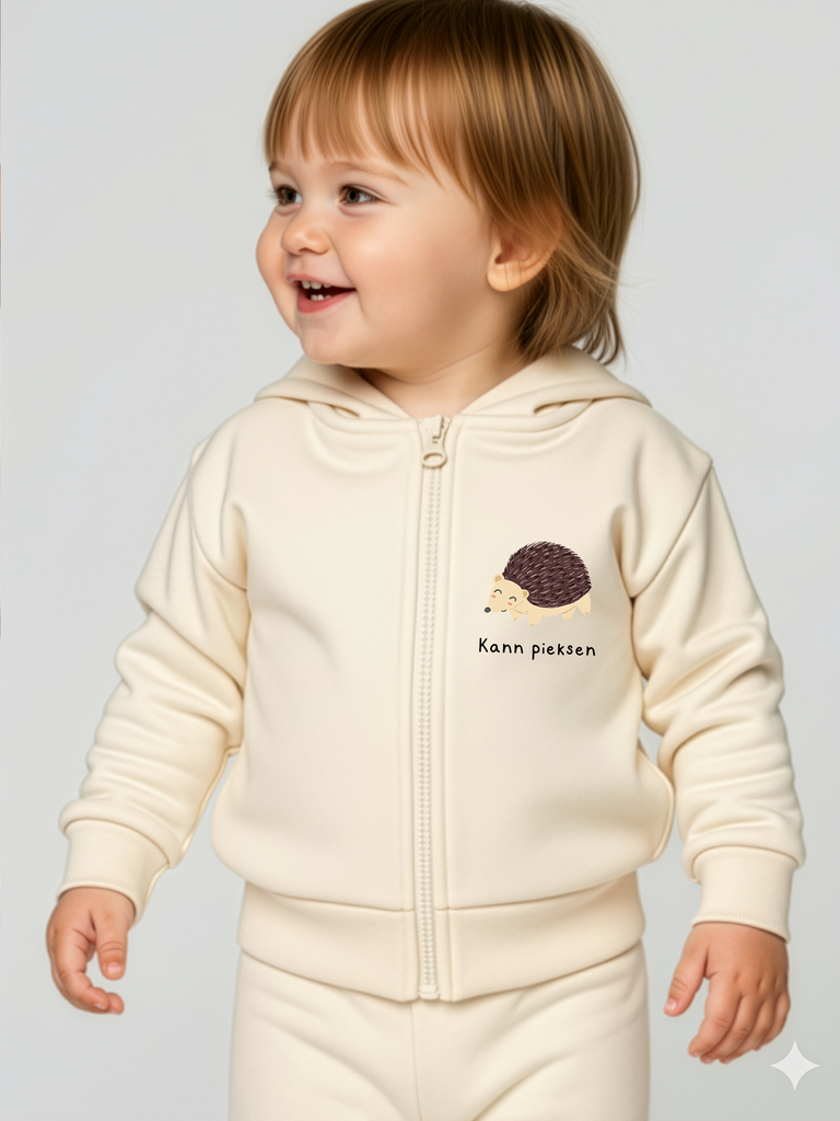 Baby-Geschenk für Jungen oder Mädchen: Tragebild personalisierbare Bio-Sweatjacke in 6 Farben erhältlich auf liebeundgeschenke.de.