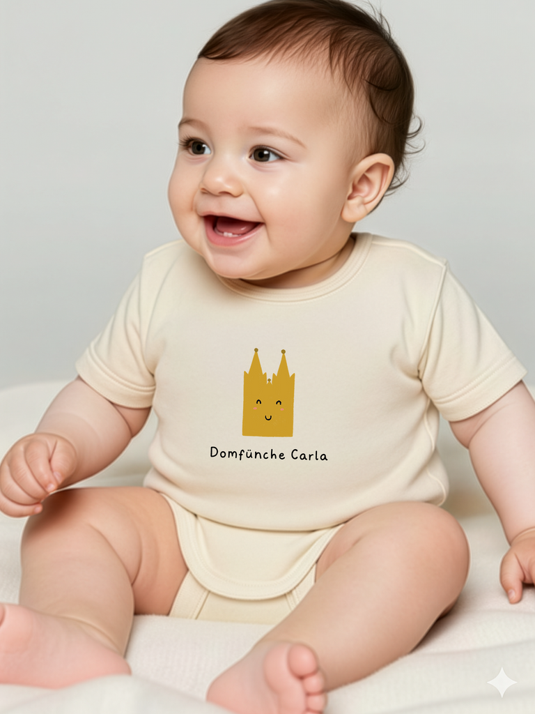 Baby-Geschenk für Kölner Nachwuchs: Personalisierter Baby-Body "Dom"  in 8 Farben erhältlich auf liebeundgeschenke.de.