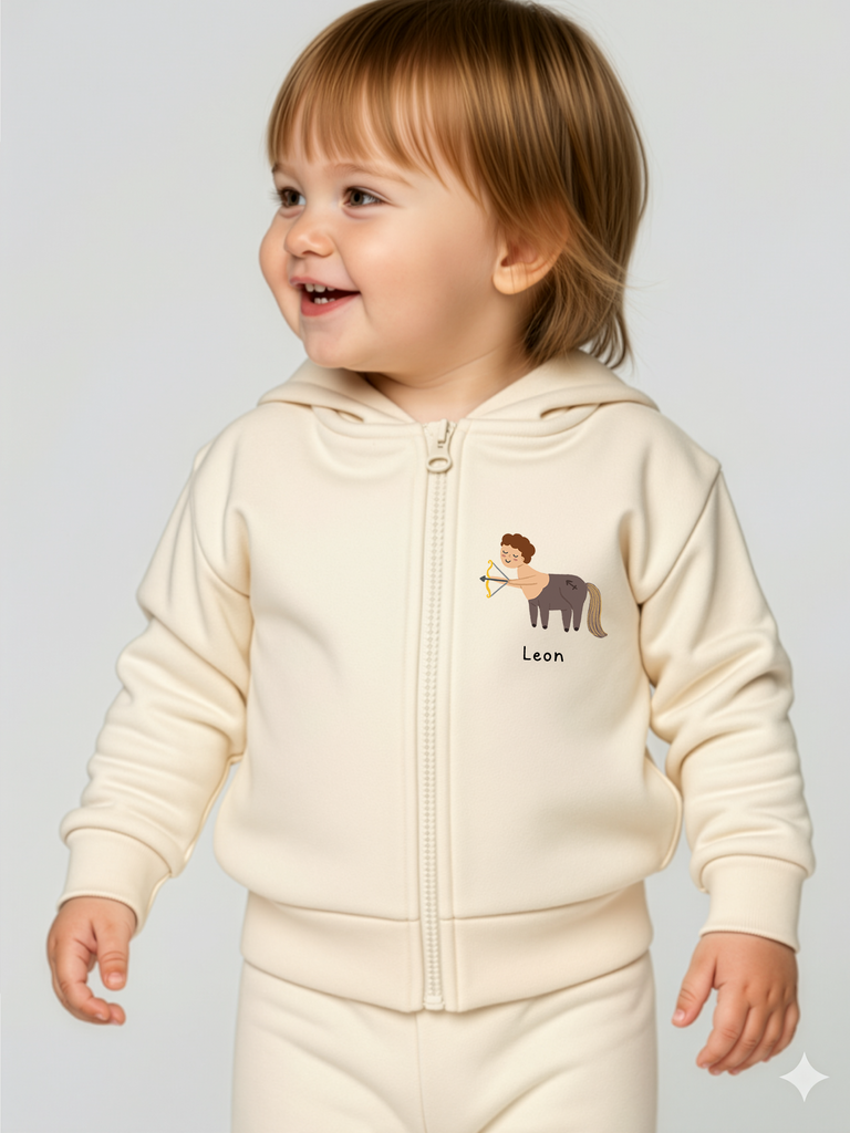 Babygeschenk zum 1. Geburtstag: Tragebild personalisierbare Bio-Sweatjacke mit Sternzeichen Schütze in 6 Farben erhältlich bei Liebe & Geschenke.