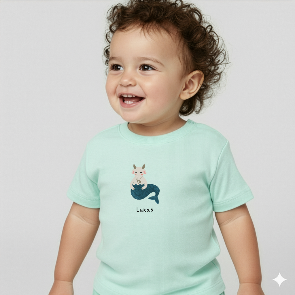 Babykleidung zum 1. Geburtstag: Personalisierbares Bio-T-Shirt mit Sternzeichen Steinbock in 8 Farben erhältlich bei Liebe & Geschenke.