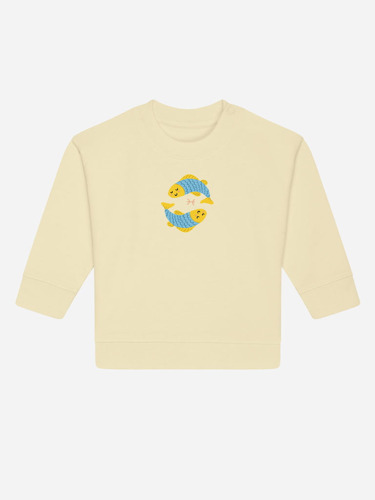 Kreatives Geschenk zum 2. Geburtstag: Personalisierbarer Bio-Pullover (0–3 J.) 'Sternzeichen Fische', Frontansicht in Gelb