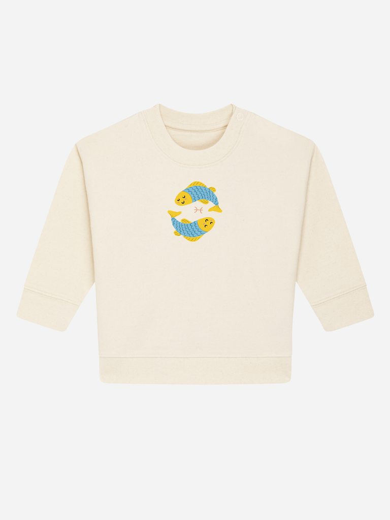 Kreatives Geschenk zum 2. Geburtstag: Personalisierbarer Bio-Pullover (0–3 J.) 'Sternzeichen Fische', Frontansicht in Beige