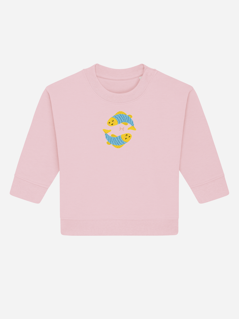 Kreatives Geschenk zum 2. Geburtstag: Personalisierbarer Bio-Pullover (0–3 J.) 'Sternzeichen Fische', Frontansicht in Rosa