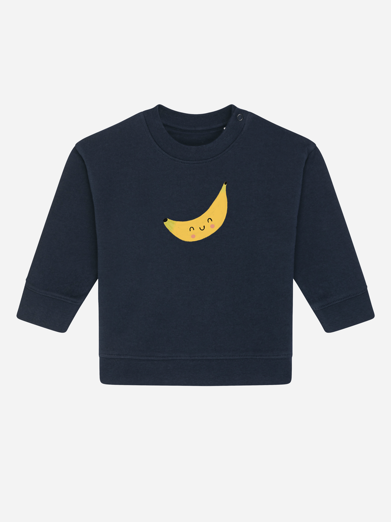 Personalisierbarer Bio-Pullover für Kinder (0-3 J.) mit lustigem Banane-Motiv in navyblau.