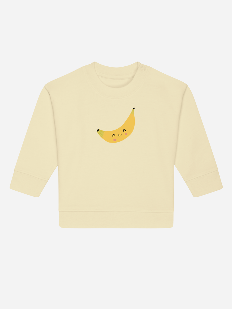 Personalisierbarer Bio-Pullover für Kleinkinder mit buntem Banane-Motiv, ideal zum Beikoststart.