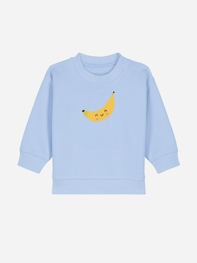 Personalisierbarer blauer Bio-Pullover für Babys mit lustigem 'Banane'-Motiv, ideal als kreatives Geschenk.