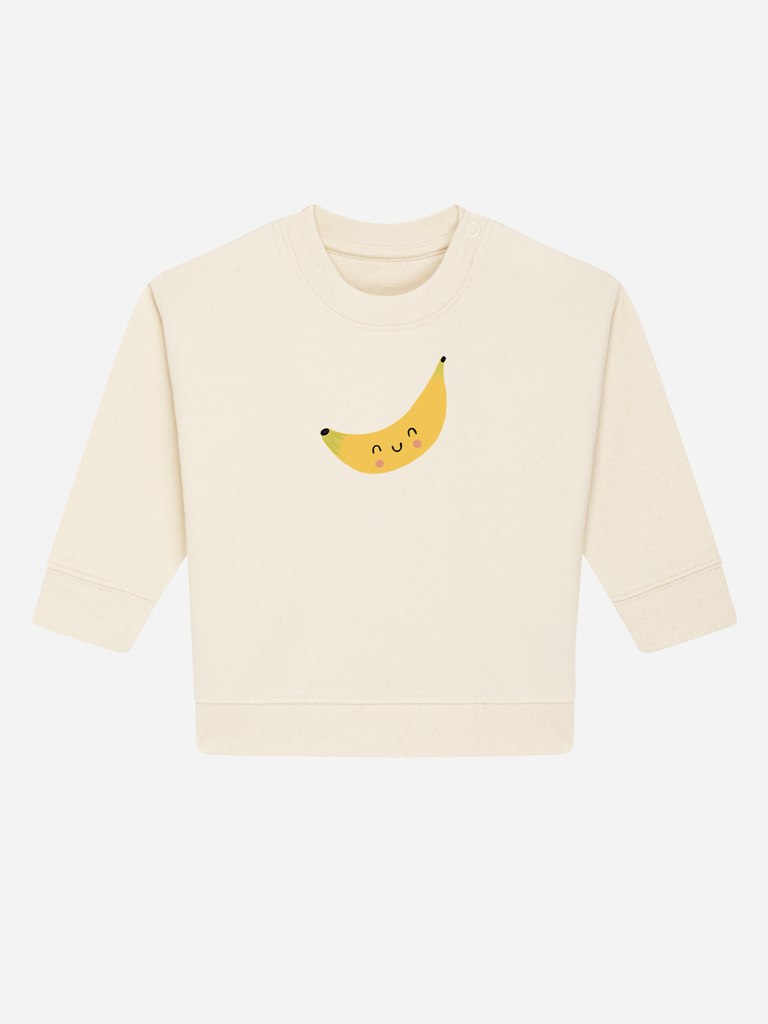 Personalisierbarer Bio-Pullover für Kinder (0–3 J.) mit lustigem Banane-Motiv in hellem Beige.