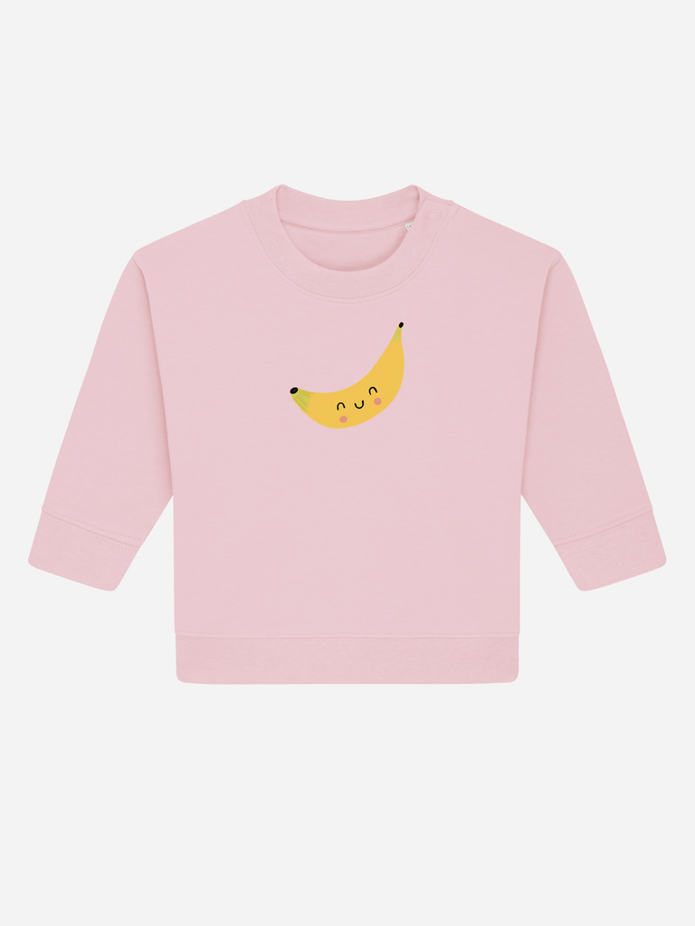 Personalisierbarer Bio-Pullover für Kinder (0-3 J.) in Rosa mit lustigem Banane-Motiv.