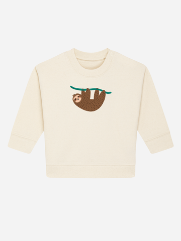 Personalizable organic baby sweater featuring a cute sloth design, perfect for spring essentials, ages 0-3 years.