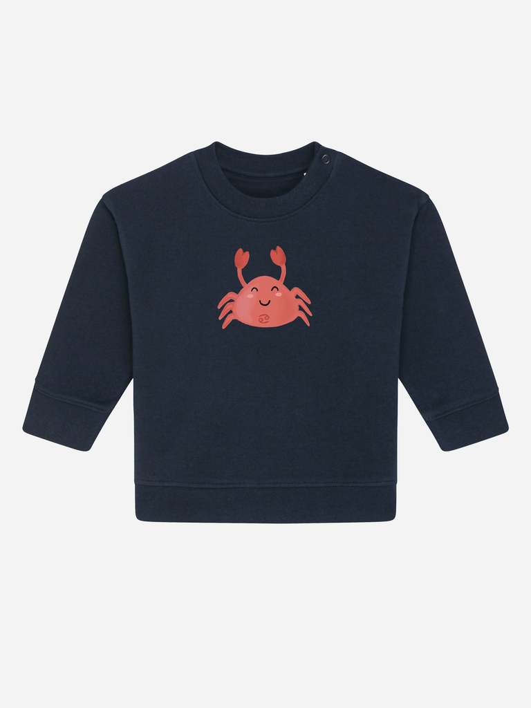 Kreatives Geschenk zum 3. Geburtstag: Personalisierbarer Bio-Pullover (0–3 J.) 'Sternzeichen Krebs', Frontansicht in Dunkelblau