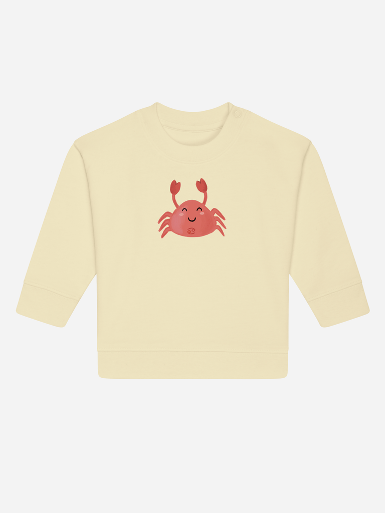 Kreatives Geschenk zum 3. Geburtstag: Personalisierbarer Bio-Pullover (0–3 J.) 'Sternzeichen Krebs', Frontansicht in Gelb