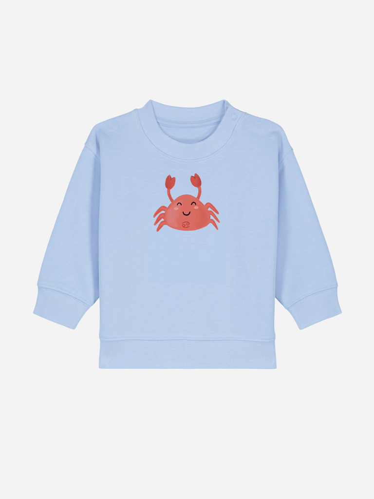 Kreatives Geschenk zum 3. Geburtstag: Personalisierbarer Bio-Pullover (0–3 J.) 'Sternzeichen Krebs', Frontansicht in Hellblau