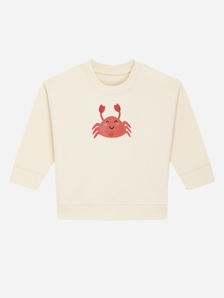 Kreatives Geschenk zum 3. Geburtstag: Personalisierbarer Bio-Pullover (0–3 J.) 'Sternzeichen Krebs', Frontansicht in Beige
