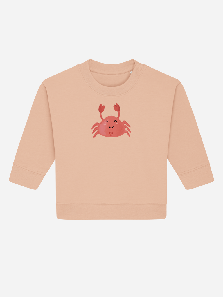 Kreatives Geschenk zum 3. Geburtstag: Personalisierbarer Bio-Pullover (0–3 J.) 'Sternzeichen Krebs', Frontansicht in Orange