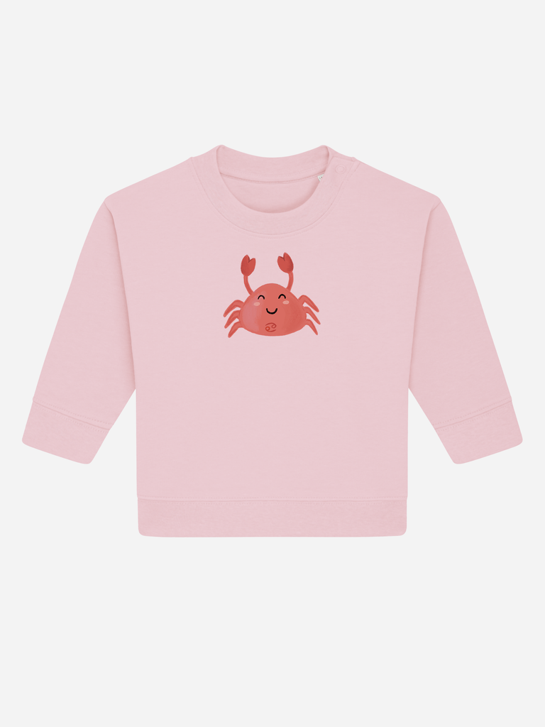 Kreatives Geschenk zum 3. Geburtstag: Personalisierbarer Bio-Pullover (0–3 J.) 'Sternzeichen Krebs', Frontansicht in Rosa
