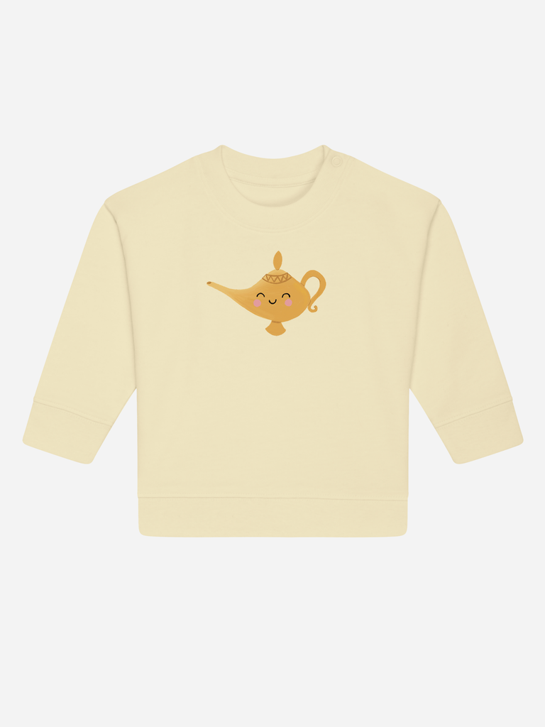 Personalisierbarer Bio-Pullover für Kleinkinder mit einer fröhlichen Wunderlampe auf der Vorderseite.
