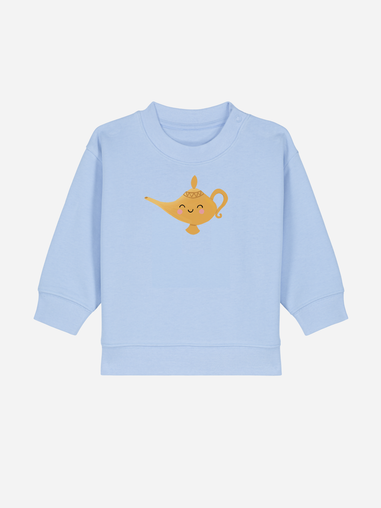 Personalisierbarer blauer Bio-Pullover für Babys mit einem fröhlichen Wunderlampen-Design.