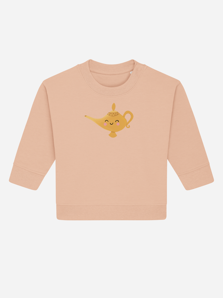 Personalisierbarer Bio-Pullover für Babys mit süßer Wunderlampe auf blassem Pfirsich-Hintergrund, ideal zur Taufe oder Geburt.