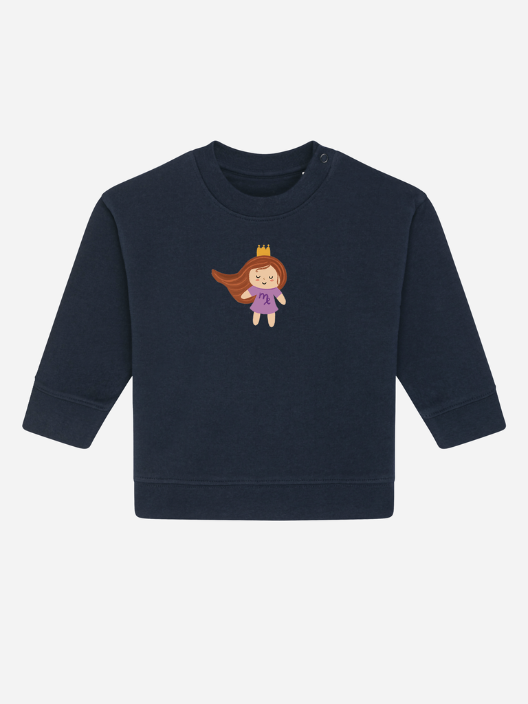 Sinnvolles Geschenk für 2-jährige Jungs & Mädchen: Personalisierbarer Bio-Pullover (0–3 J.) 'Sternzeichen Jungfrau', Frontansicht in Dunkelblau