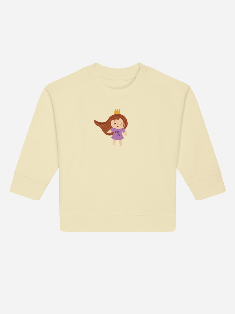 Sinnvolles Geschenk für 2-jährige Jungs & Mädchen: Personalisierbarer Bio-Pullover (0–3 J.) 'Sternzeichen Jungfrau', Frontansicht in Gelb