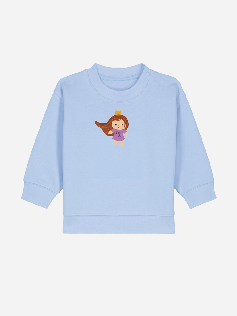 Sinnvolles Geschenk für 2-jährige Jungs & Mädchen: Personalisierbarer Bio-Pullover (0–3 J.) 'Sternzeichen Jungfrau', Frontansicht in Hellblau