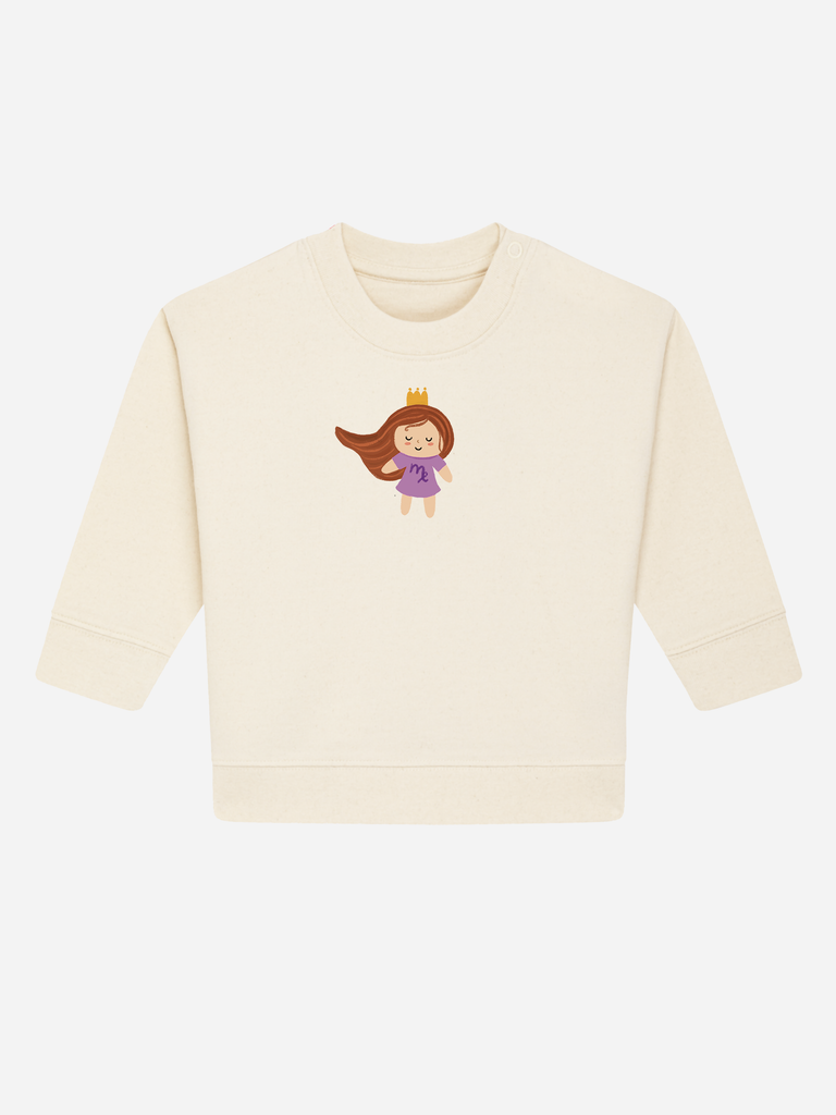 Sinnvolles Geschenk für 2-jährige Jungs & Mädchen: Personalisierbarer Bio-Pullover (0–3 J.) 'Sternzeichen Jungfrau', Frontansicht in Beige